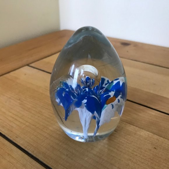 Mdina Studio Art Glass Egg Paperweight Controlled Bubble Blue Flower Signed - Picture 7 of 12